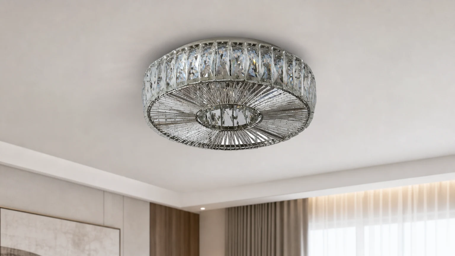 Okrągła szklana lampa sufitowa Glomar zamontowana w nowoczesnym pomieszczeniu