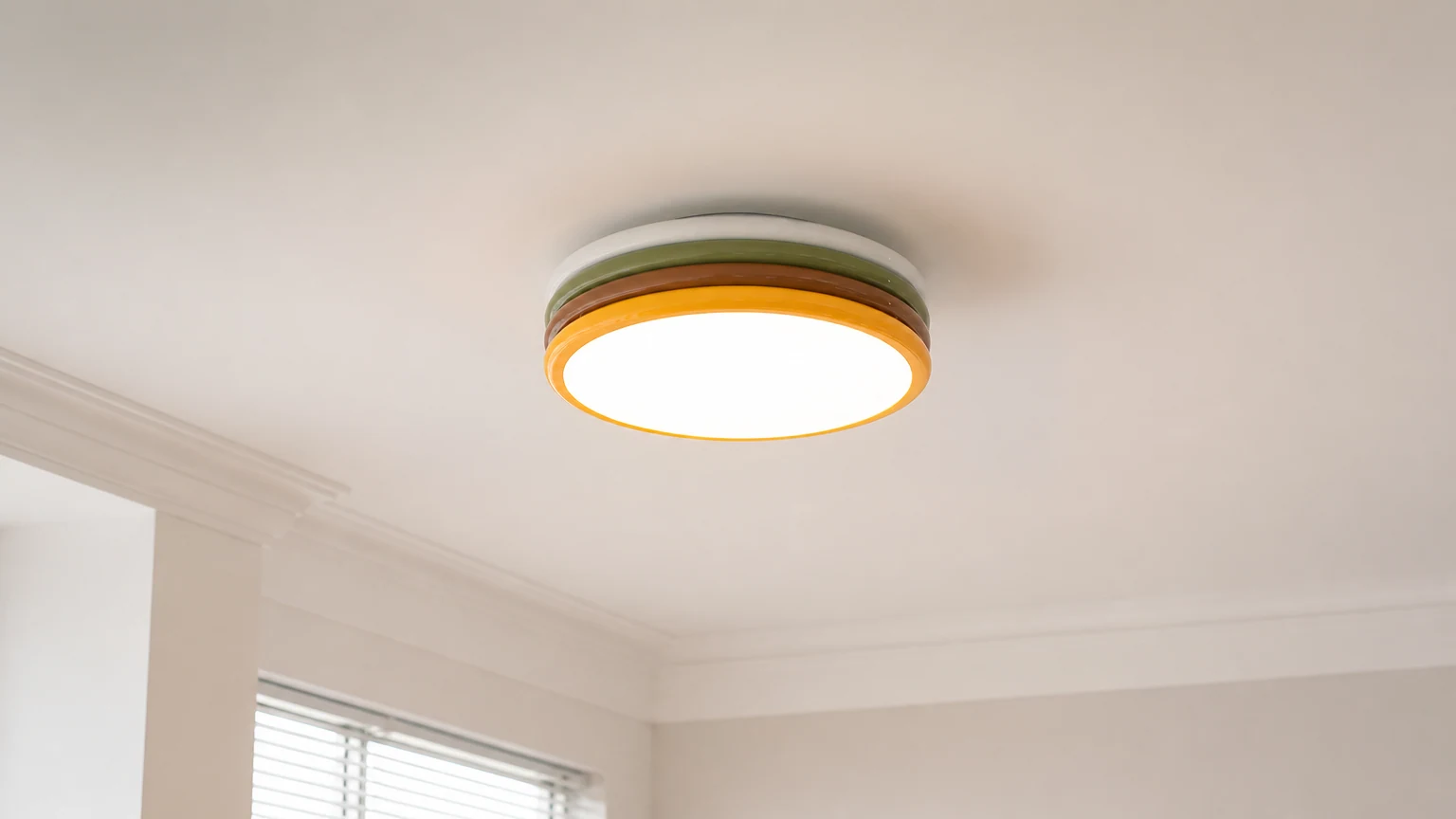 Kolorowa akrylowa lampa sufitowa ColorStack zainstalowana w skandynawskiej scenie sypialni