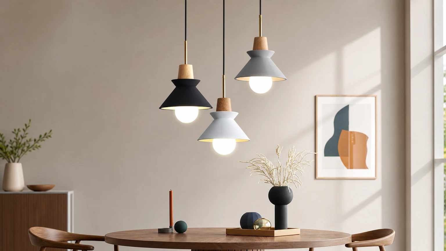 Skandynawska lampa wisząca SPACE w ciepłej scenie jadalni