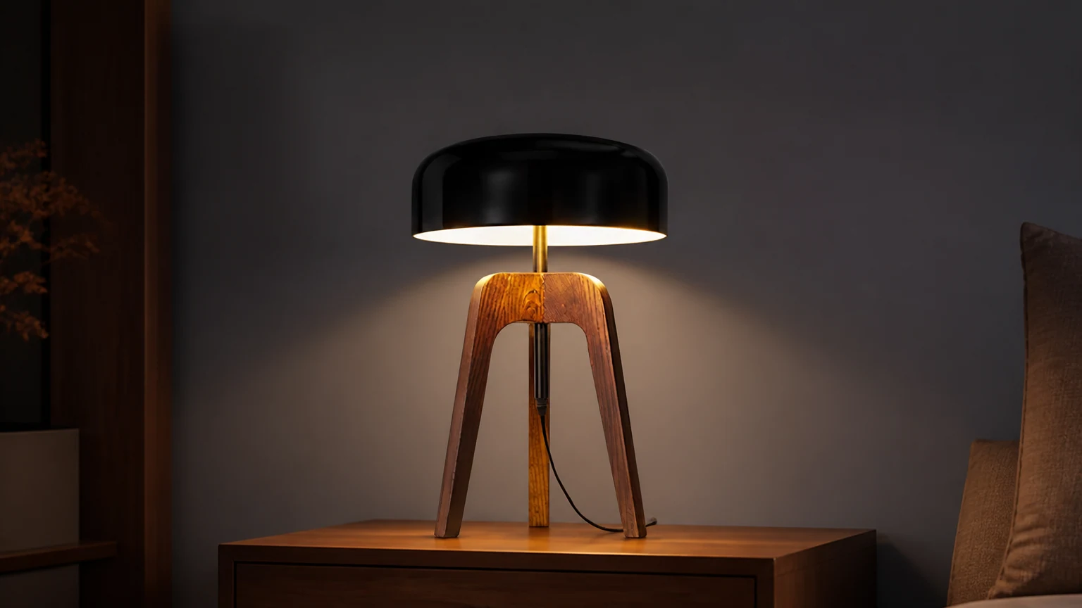 Minimalistyczna drewniana lampa stołowa na statywie M319 w ciepłej scenerii pomieszczenia