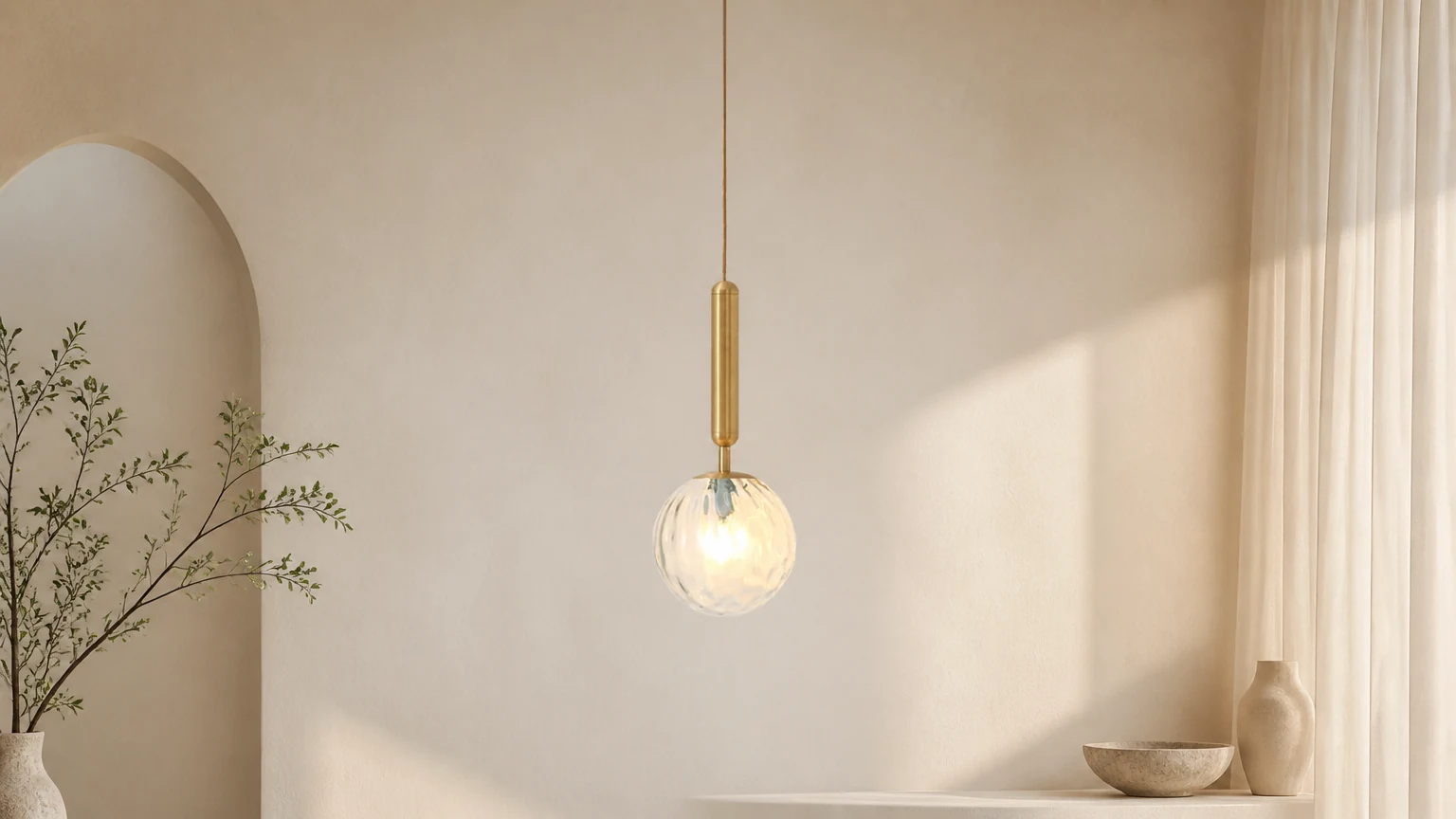 Lampada a sospensione nordica a sfera in vetro colorato S117 in un caldo ambiente interno.