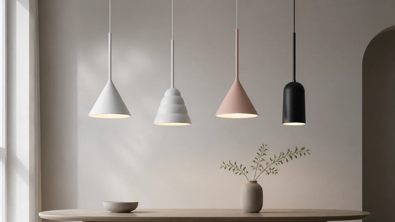 Minimalistyczna lampa wisząca makaronik pokazana w miękkiej scenie wnętrza