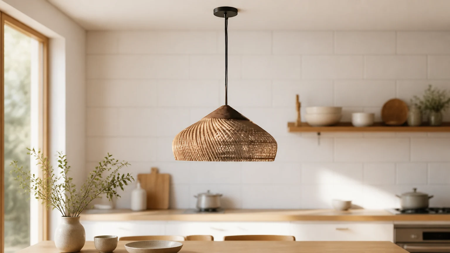 Lampa wisząca z rattanu w stylu retro w stylu boho D836 zainstalowana w ciepłym wnętrzu