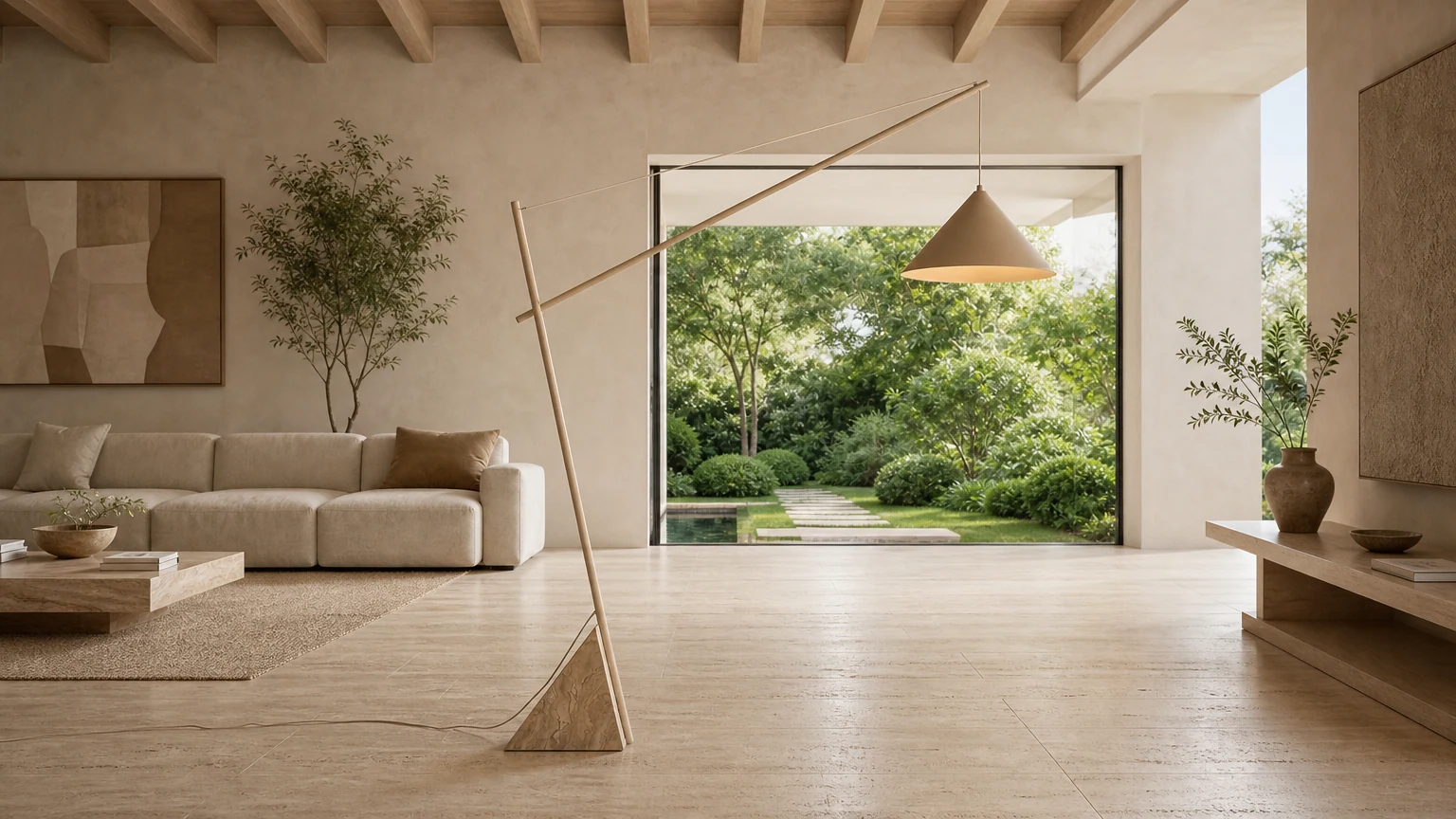 Lampa podłogowa Grande Travertine D706 w ciepłej oprawie wnętrza