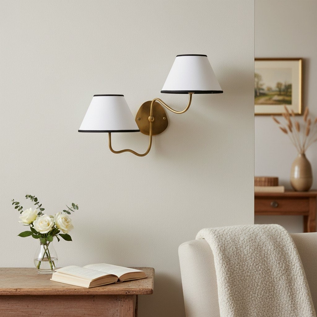 Lámpara de pared Kulo sobre mesa y silla en un interior limpio.