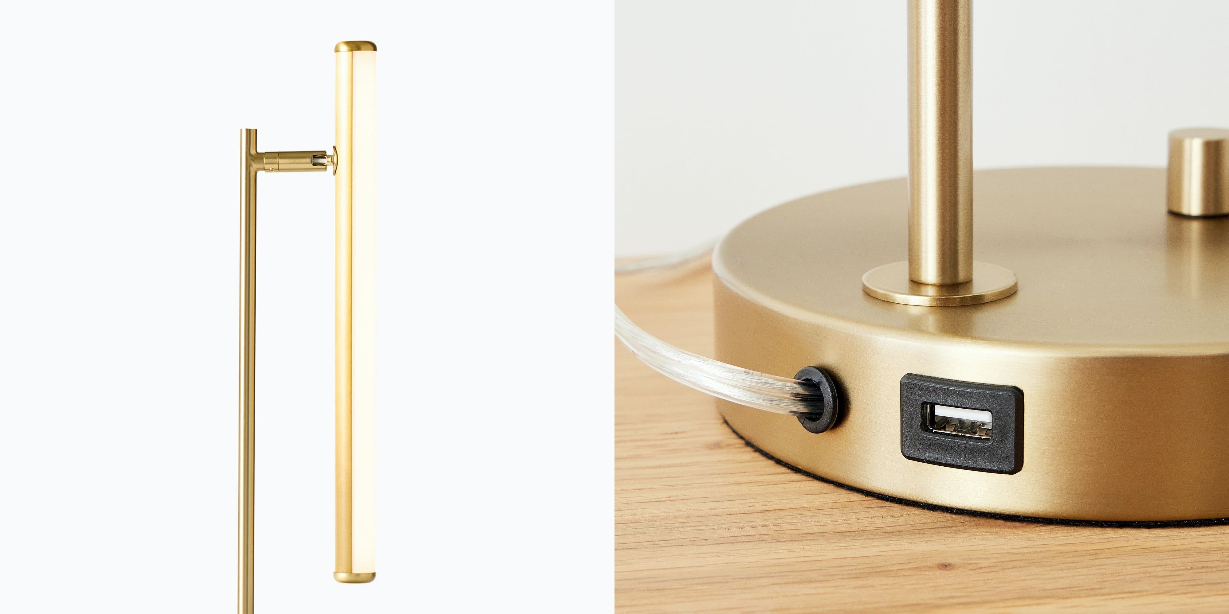 Close-up details of the Voro lamp base, USB port, and control area