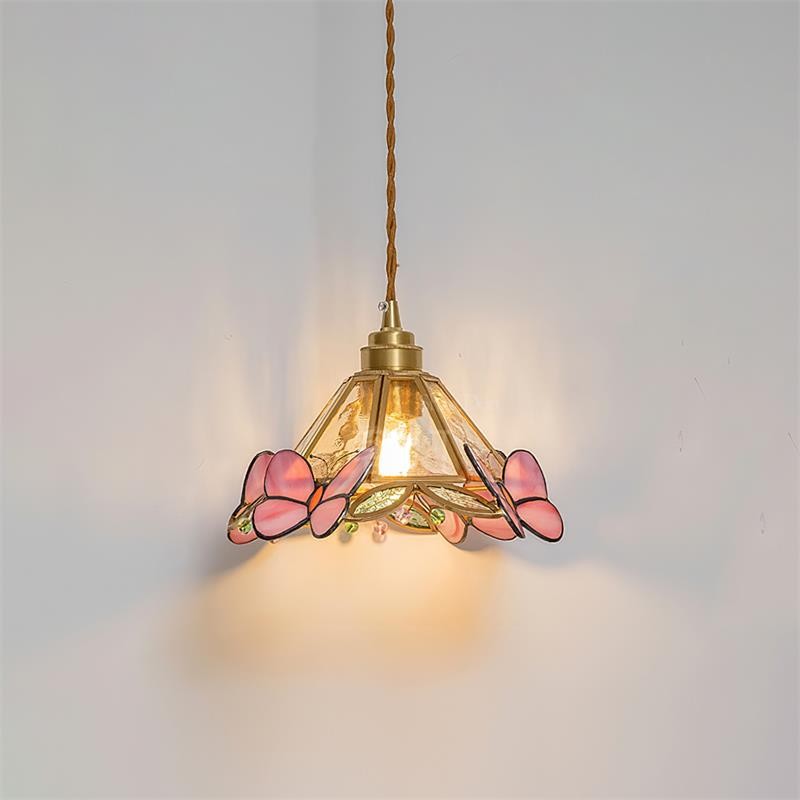 French Retro Glass Pink Butterfly Pendant Lamp M219