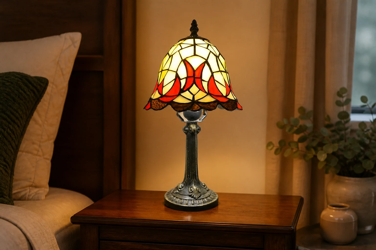 Lampada da tavolo Virelle Tiffany, inserita in un accogliente ambiente domestico.