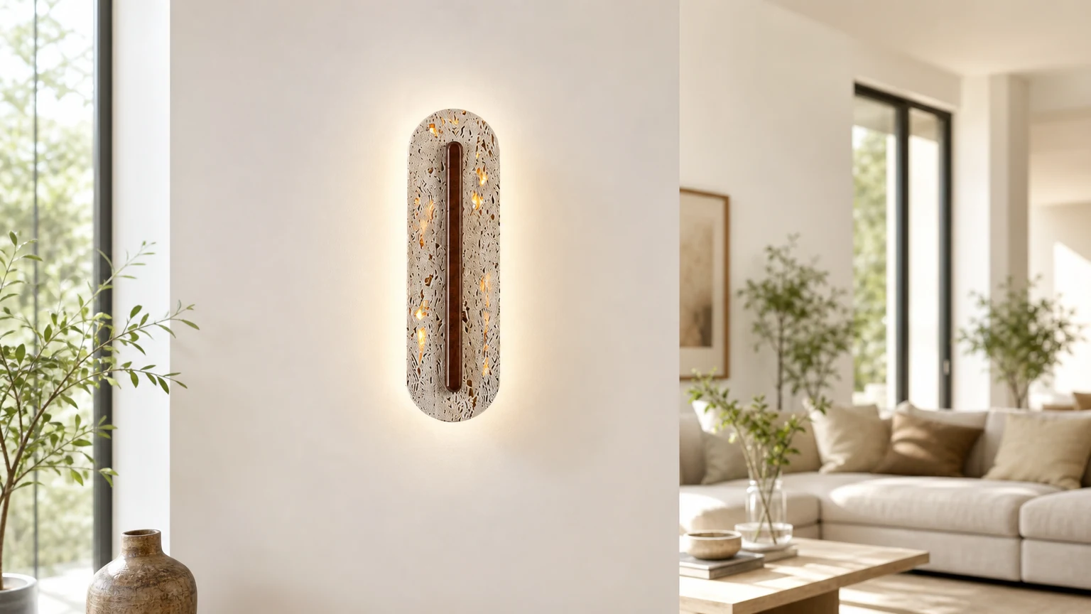 Kinkiet Aerin Lumaslot D384 zainstalowany w ciepłym wnętrzu