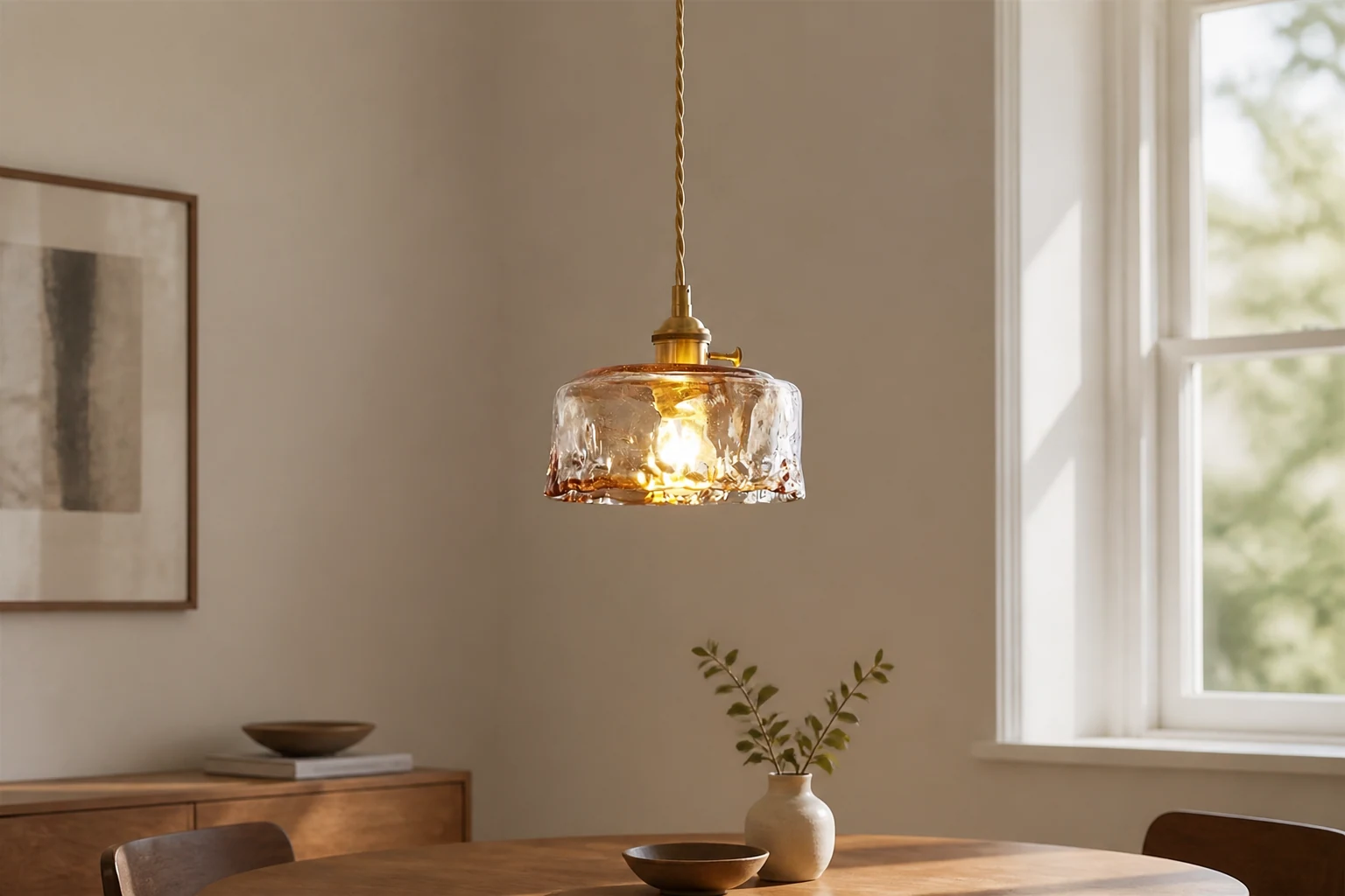 Retro szklana lampa wisząca M212 pokazana w ciepłym, lifestylowym wnętrzu