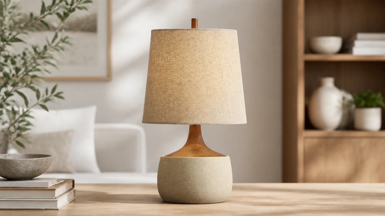 Cementowa lampa stołowa Avero w spokojnym, współczesnym pomieszczeniu