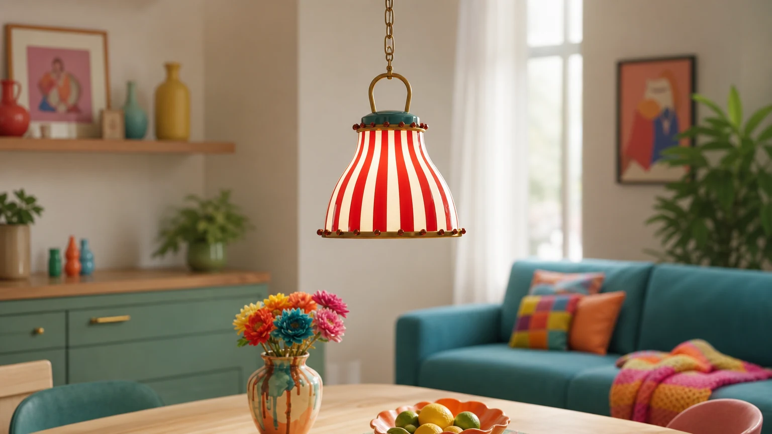 Szklana lampa wisząca Festilo w paski w kolorowym wnętrzu jadalni