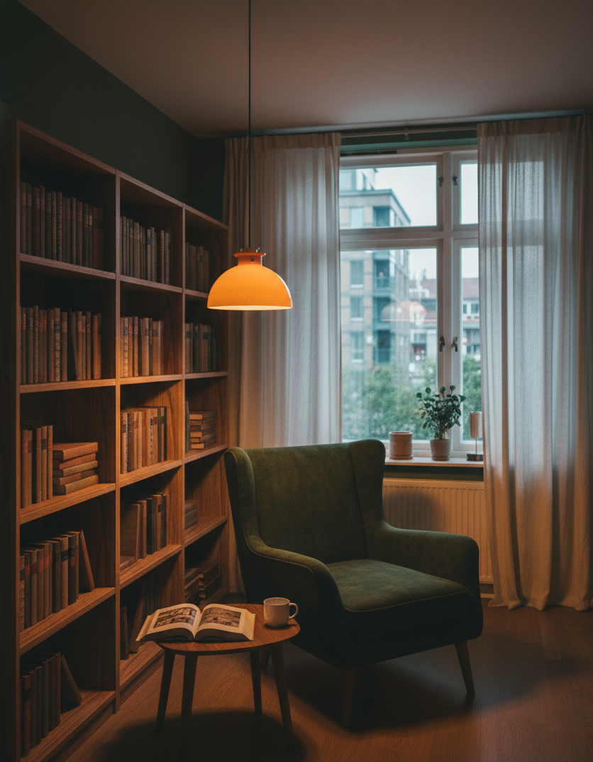 Lampa wisząca Glebe w kąciku do czytania z półkami