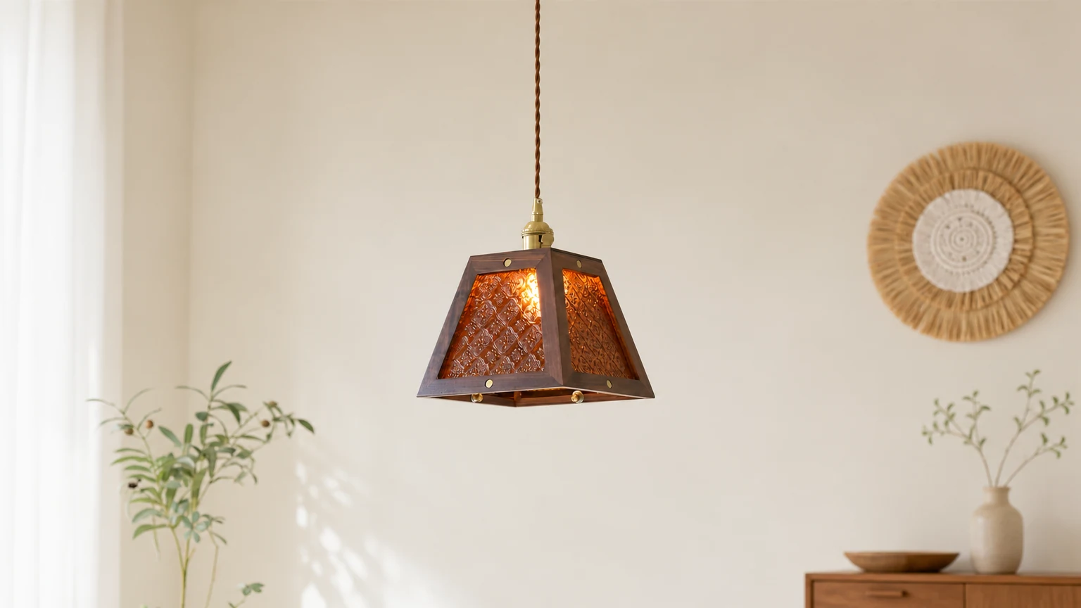 Szklana lampa wisząca M399 w stylu retro w ciepłej scenerii wnętrza