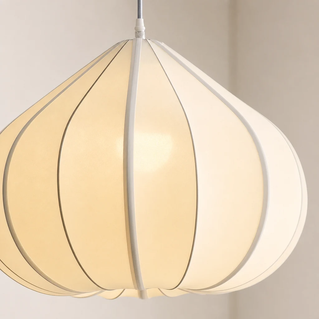 Zbliżenie na tekstylny klosz i wykończenie lampy wiszącej Valen D11