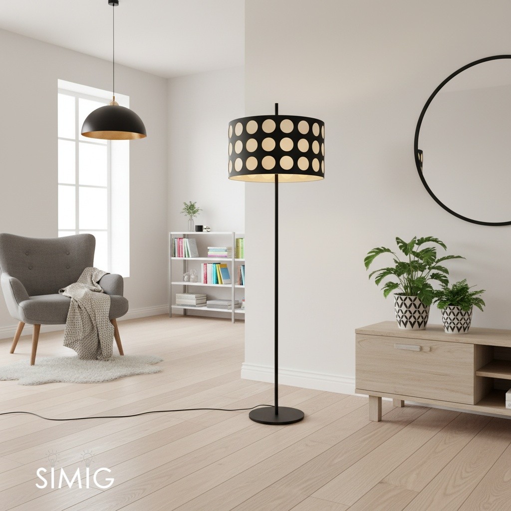 Lámpara de pie en una escena de sala de estar luminosa