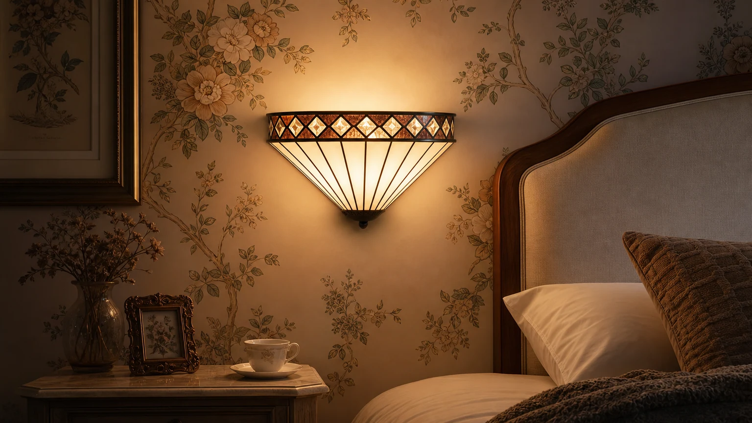 Szklany kinkiet ścienny TF Fargo Art Deco świecący w sypialni