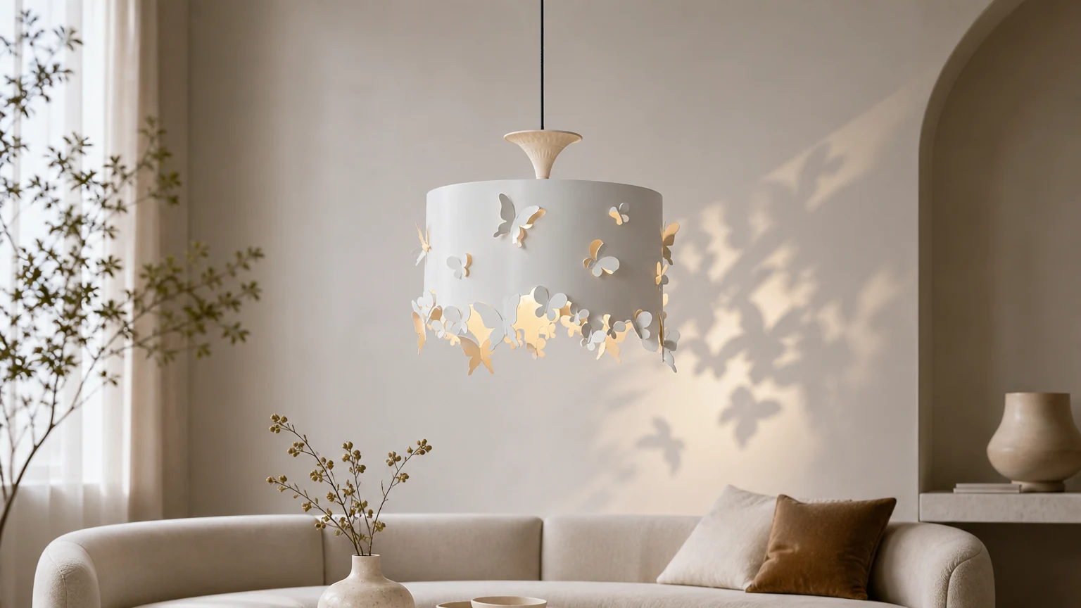 Lampa wisząca inspirowana motylem Alaria w ciepłym otoczeniu salonu
