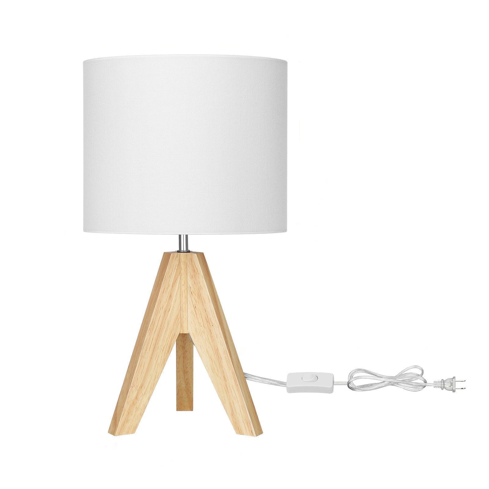 Wood Tripod Bedside Table Lamp With Grey Linen Lampshade S70