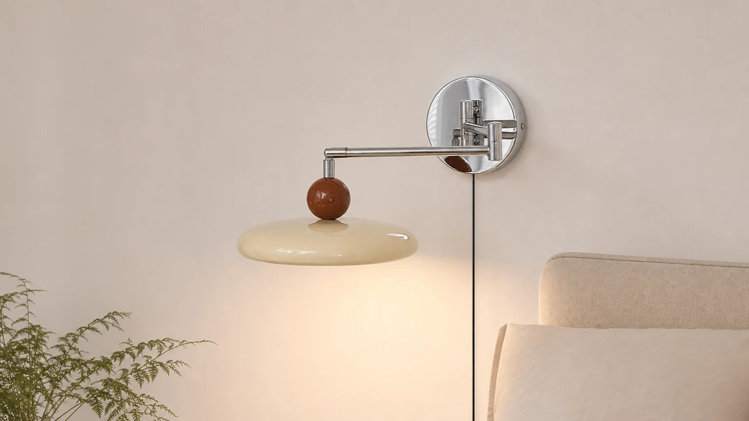 Lampa ścienna M244 z obrotowym ramieniem w ciepłej scenerii ściennej w sypialni