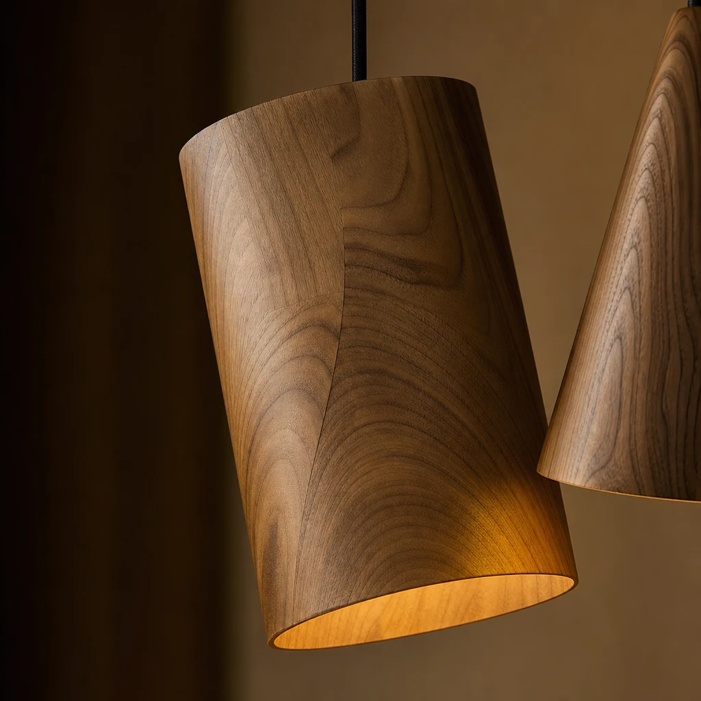 Zbliżenie lampy wiszącej Bellwood D362 z wykończeniem drewnianym i metalowym