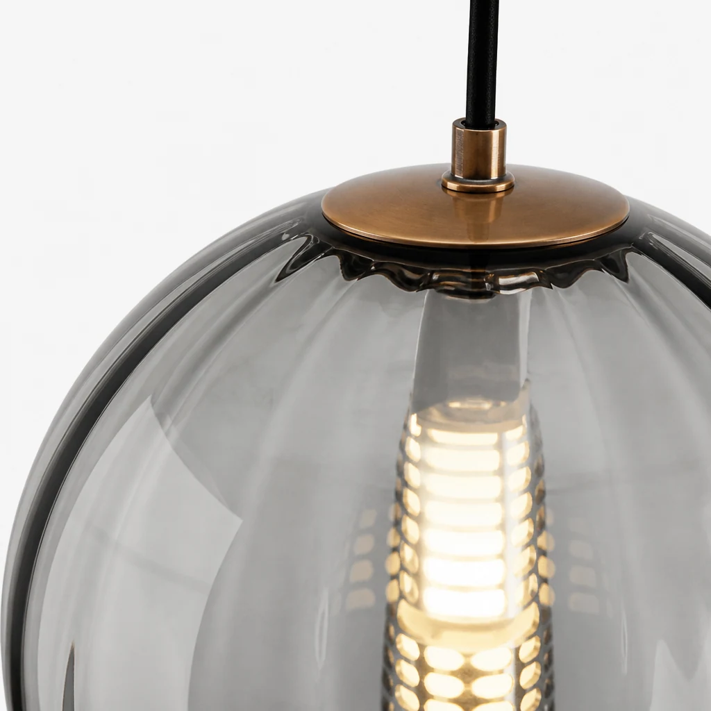 Zbliżenie szczegółów materiałów lampy wiszącej ze szklanej kuli Lunorie