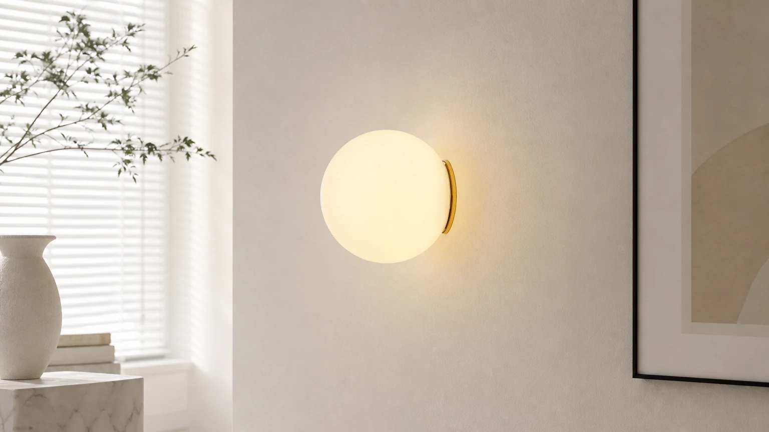 Minimalistyczny kinkiet Bauhaus Orb Style M65 zamontowany w ciepłej scenerii wnętrza