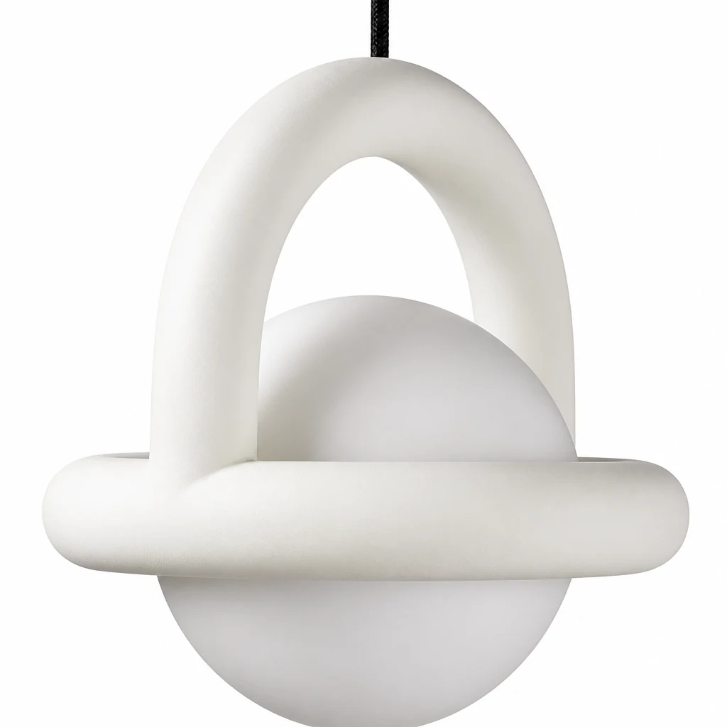 Närbild på den glansiga akryl- och metallfinishen på pendellampan Nordic Cory
