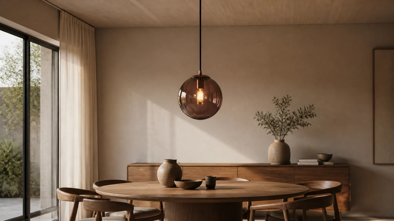 Lampa wisząca Lunorie ze szklaną kulą pokazana w jadalni