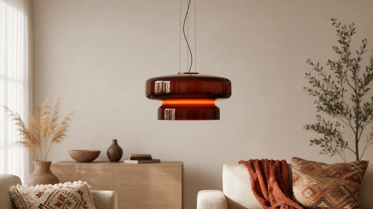 Minimalistyczna szklana lampa wisząca M492 w stylu boho w ciepłym wnętrzu