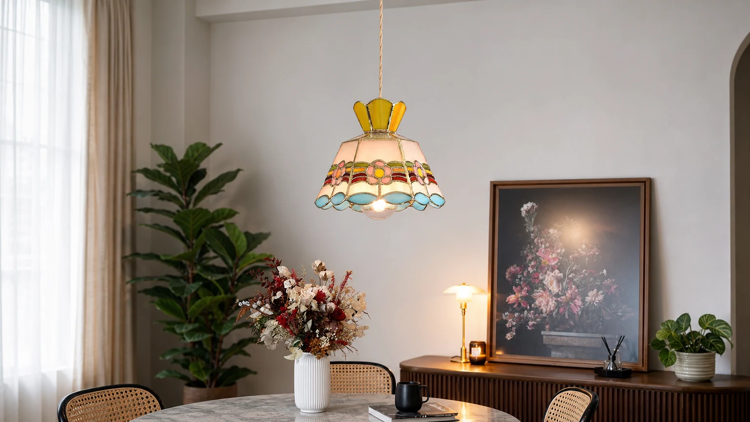 Kolorowa lampa wisząca w stylu retro P055 w poziomej scenie wnętrza