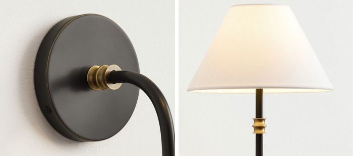 Detailgrafik der Calin-Wandleuchte mit Rückplatte, Arm und Lampenschirmbefestigung.