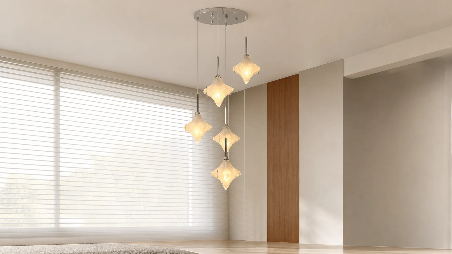 Lampa wisząca na klatkę schodową w kształcie gwiazdki Astris Altair Art Deco zainstalowana w nowoczesnej przestrzeni z wysokim sufitem