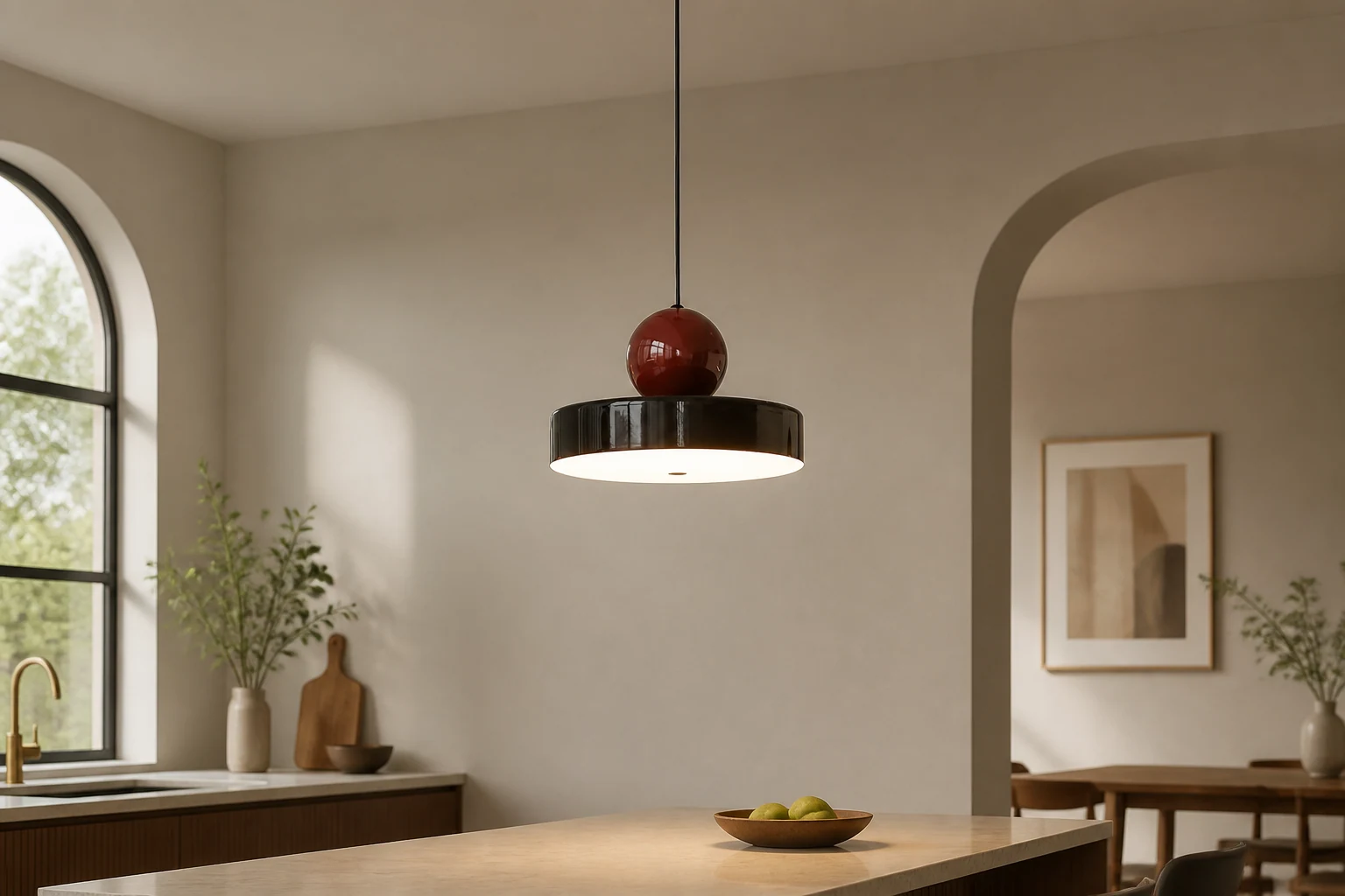 Nowoczesna, minimalistyczna okrągła lampa wisząca w stylu życia w kuchni