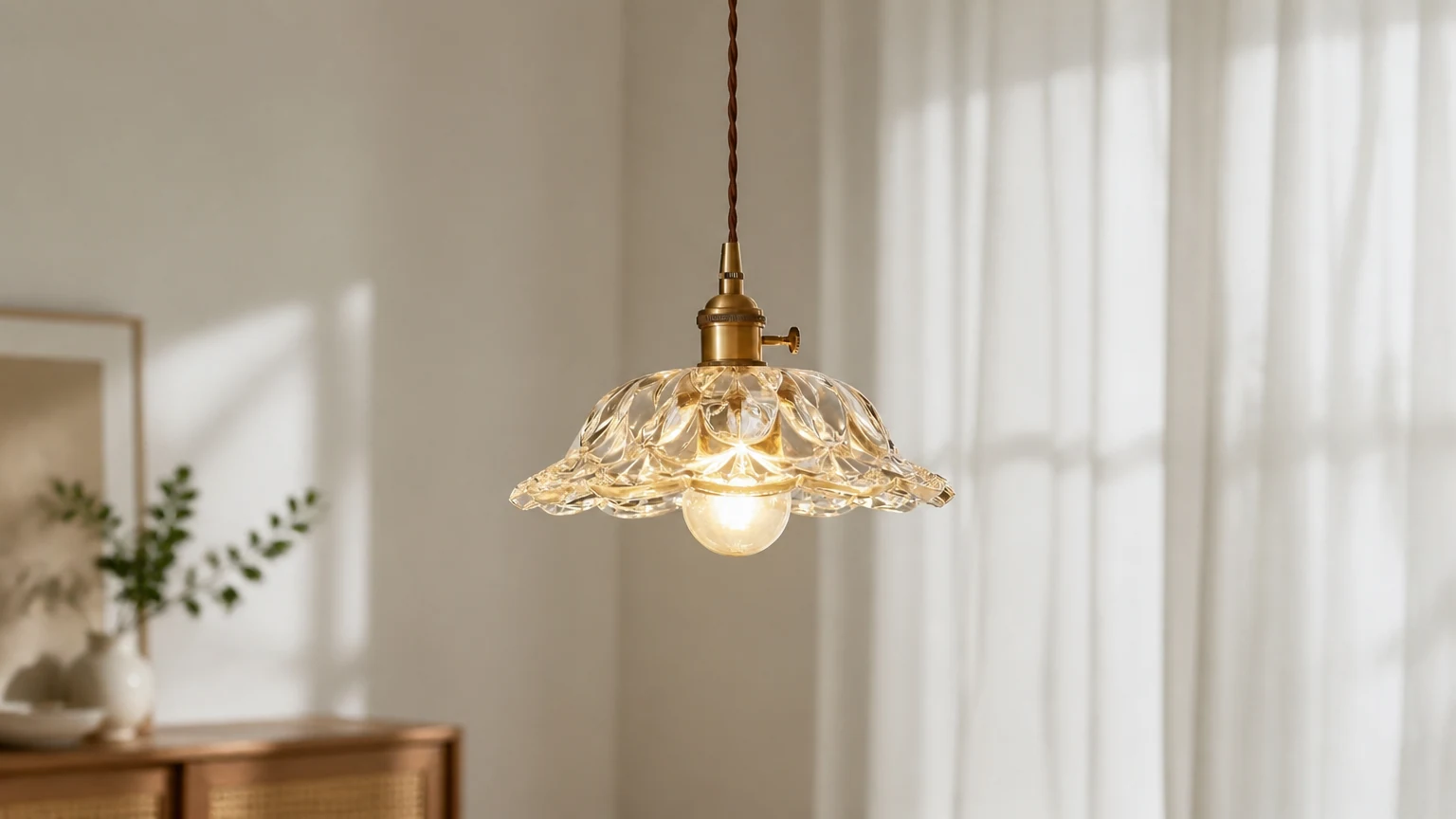 Vintage mässingsblommande glashänglampa S157 i en varm inomhusmiljö