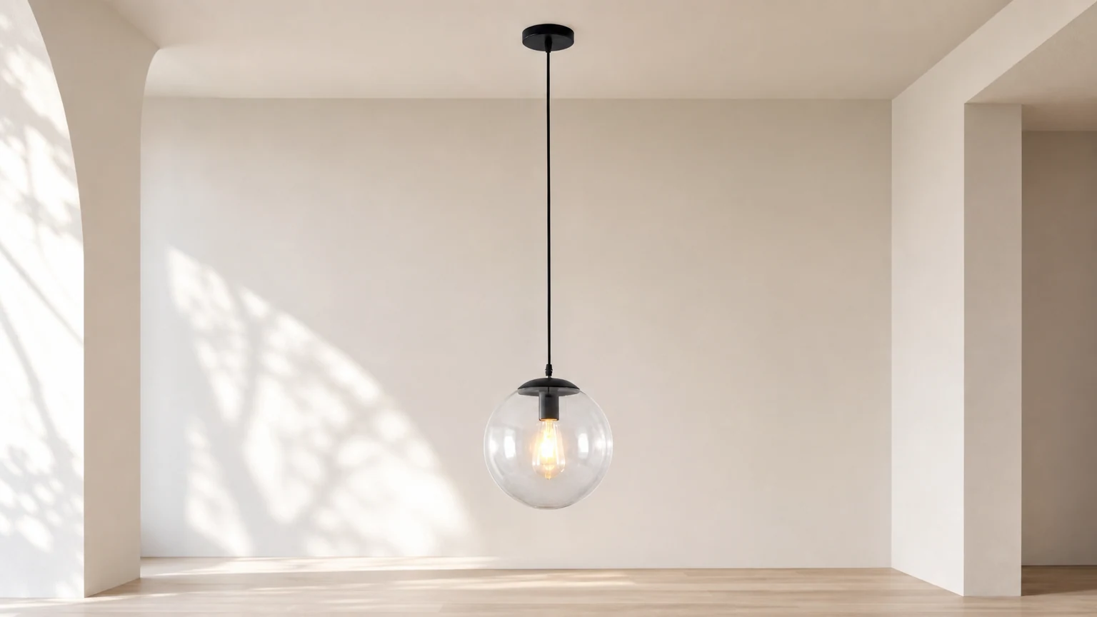 Lampa wisząca ze szklanych kulek pokazana jako kompletna lampa wisząca w ciepłym wnętrzu