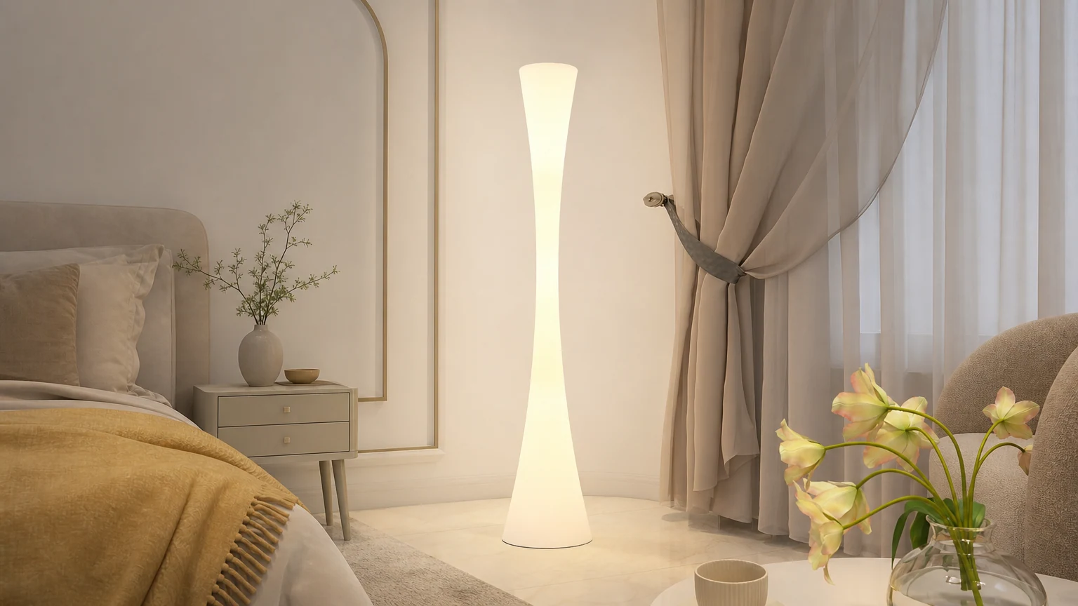 Romantyczna prosta biała kolumnowa lampa podłogowa G06 w ciepłej scenerii wnętrza