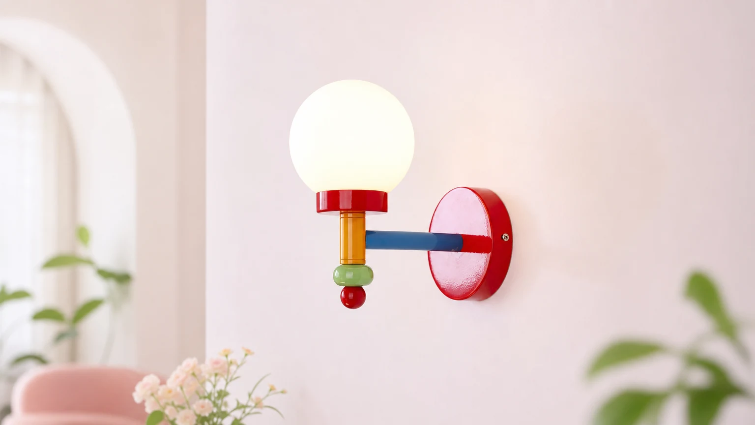 Lampa ścienna Art Decor Macaron S50 zainstalowana w delikatnej, pastelowej scenerii pomieszczenia