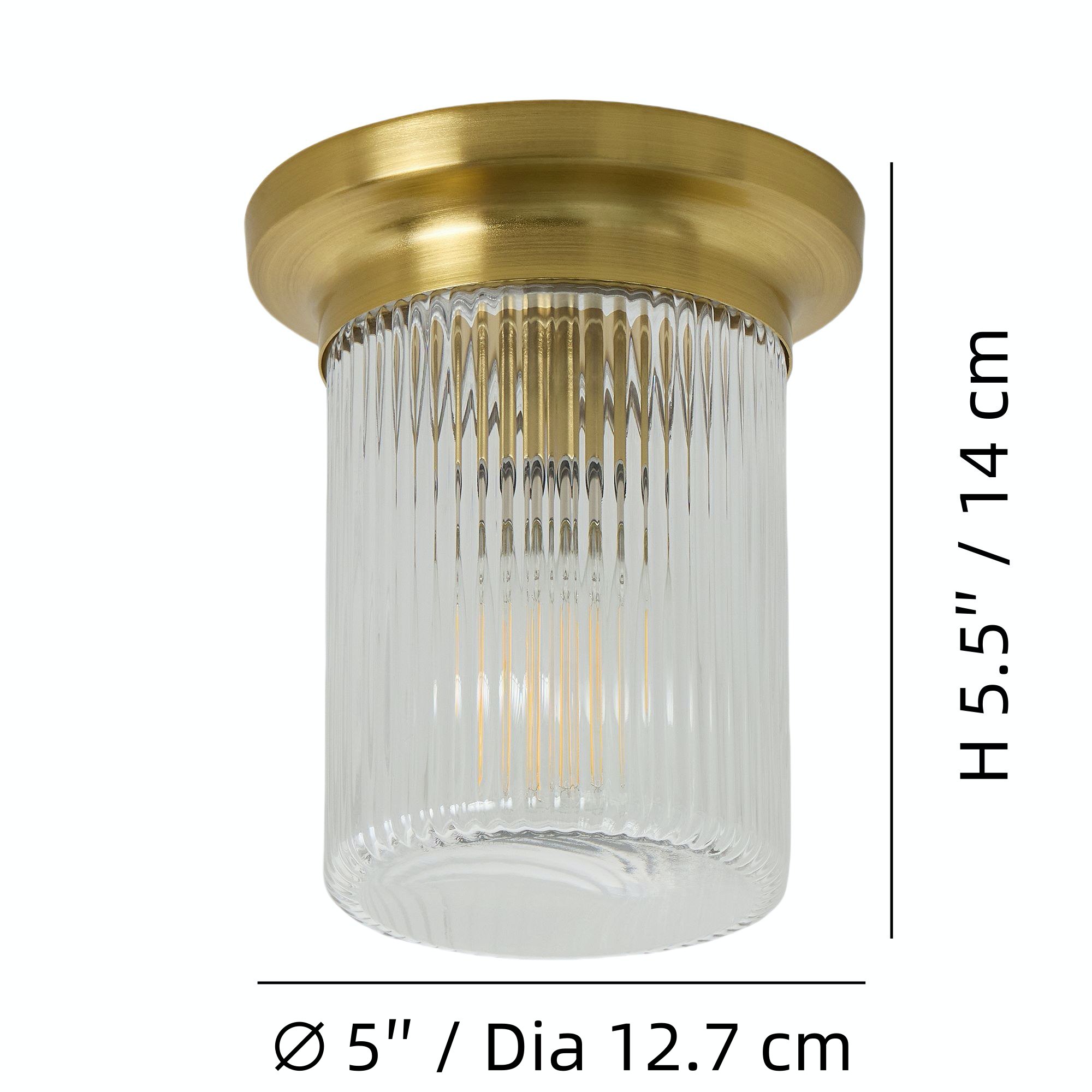 Diagrama de dimensiones que muestra un diámetro de 5 pulgadas o 12,7 cm y una altura de 5,5 pulgadas o 14 cm.