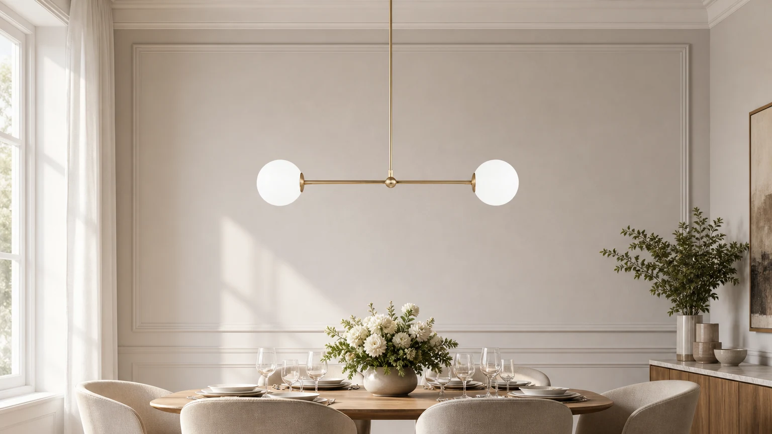 Minimalistyczna lampa wisząca TREJOR zainstalowana w ciepłym wnętrzu