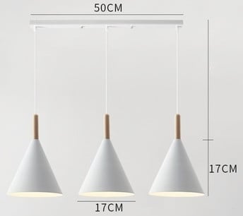 Schemat wymiarowy skandynawskiej lampy wiszącej CONE przedstawiający klosz 17 cm i szynę 50 cm