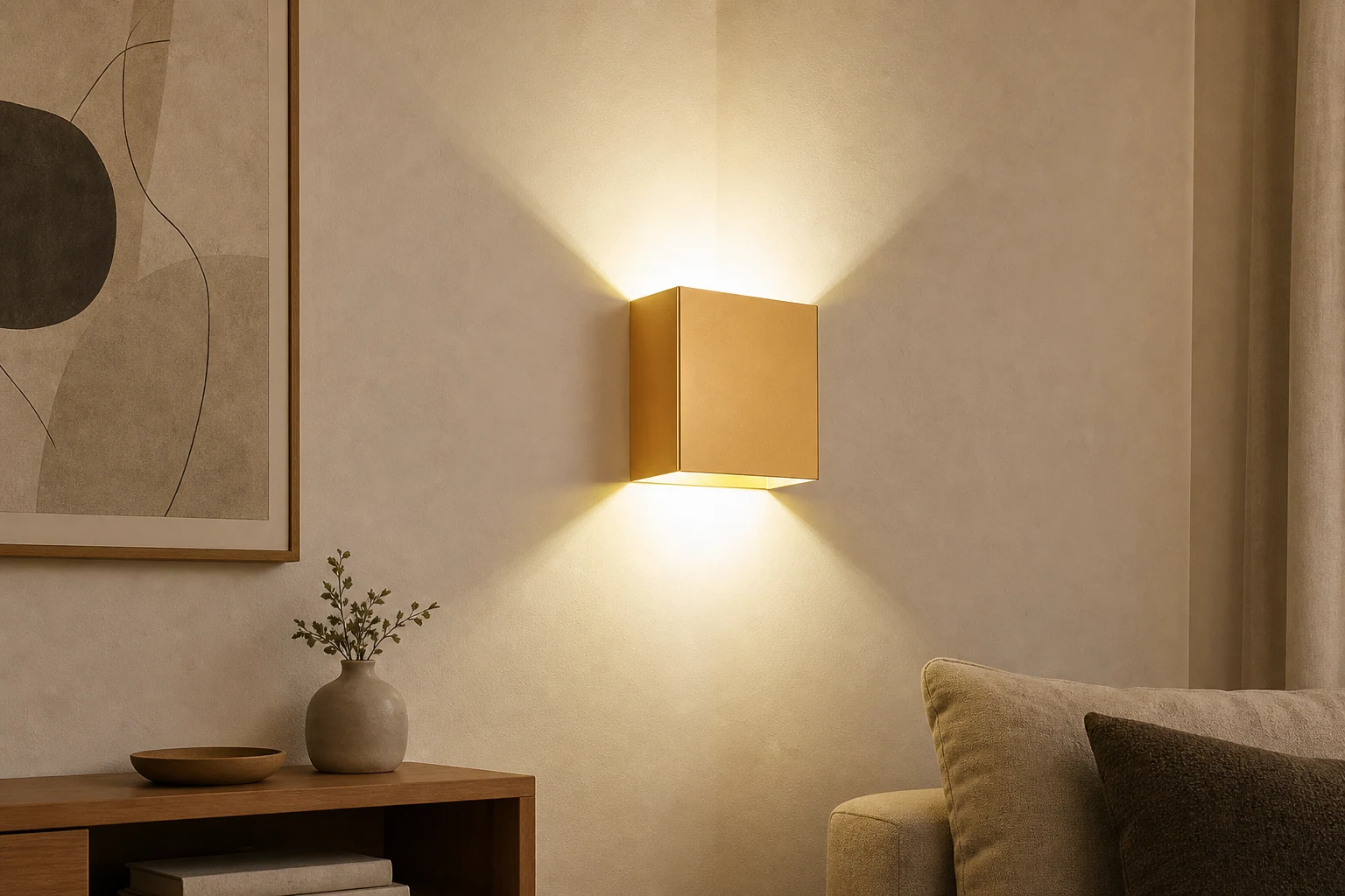 Kub-LED-vägglampa i en livsstilsväggmiljö