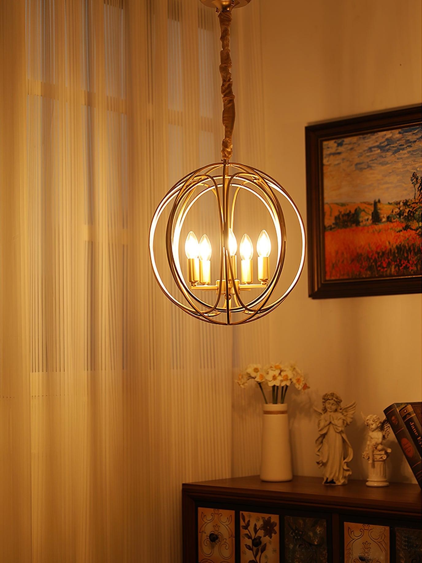 Ciepła, podświetlana lampa wisząca nad meblami
