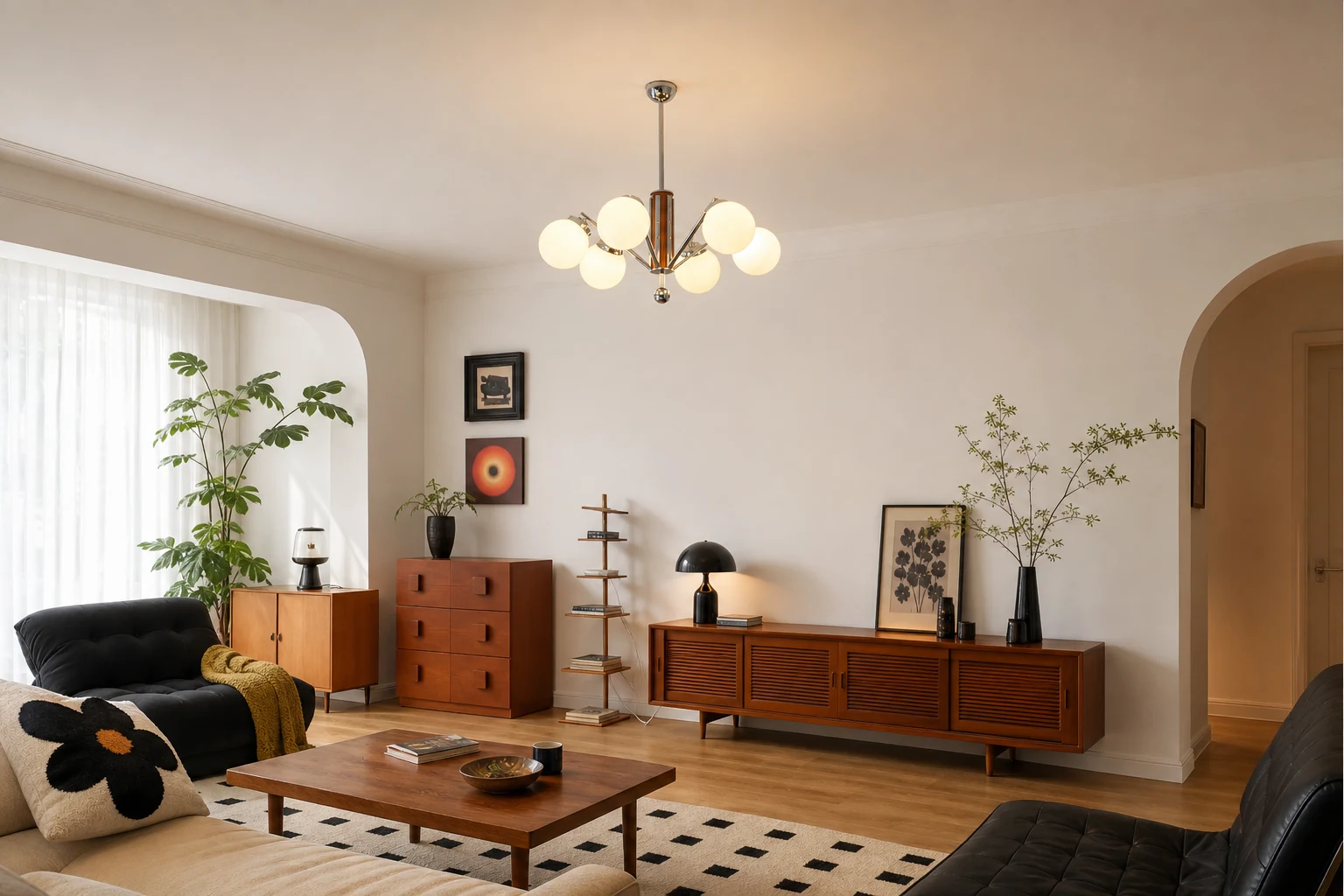 Żyrandol z kremowego szkła M260 z połowy wieku w stylu vintage w pokoju lifestylowym