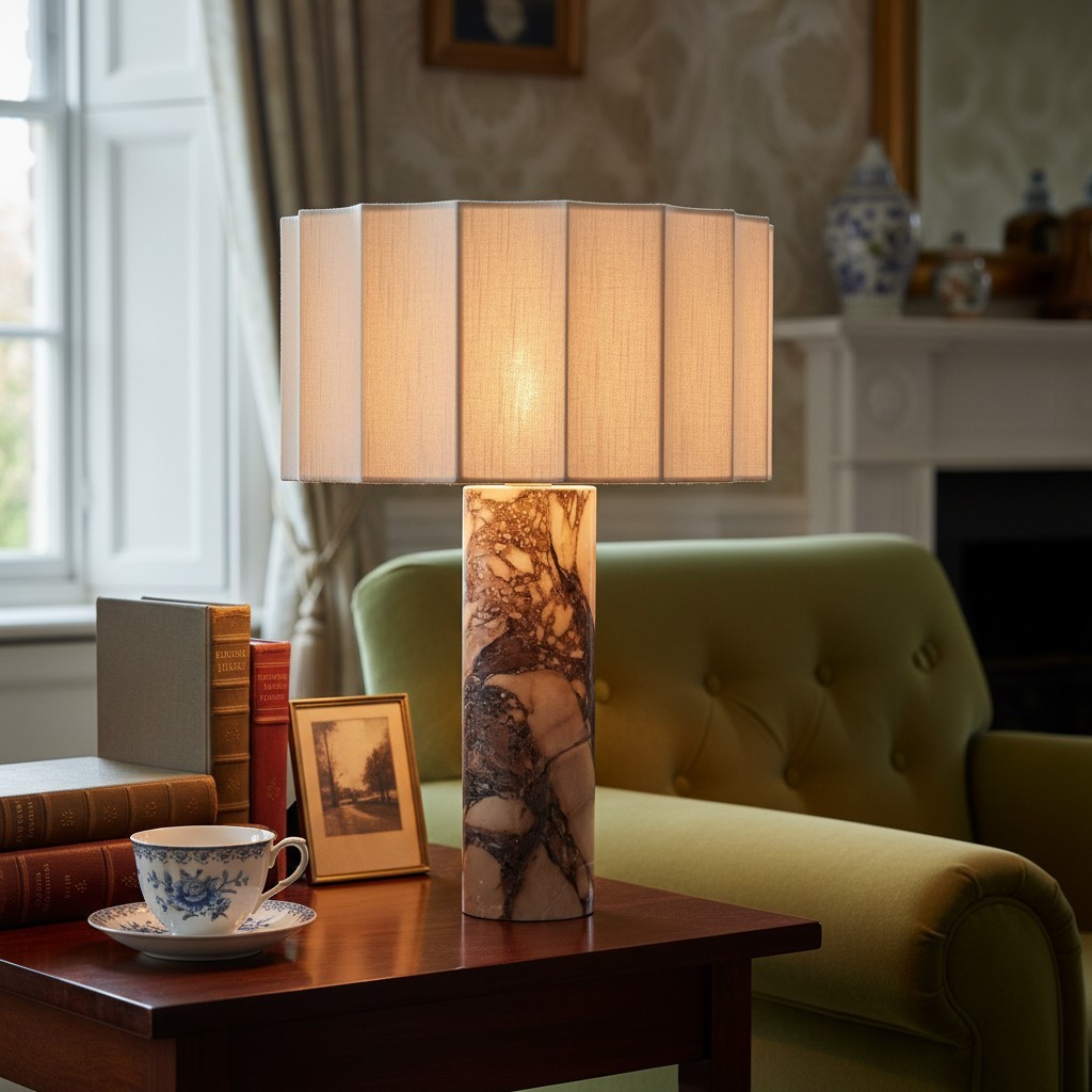Cavilon Table Lamp with Fan-Shaped Linen Shade - Stone Finishes Suitable for Living Rooms T476