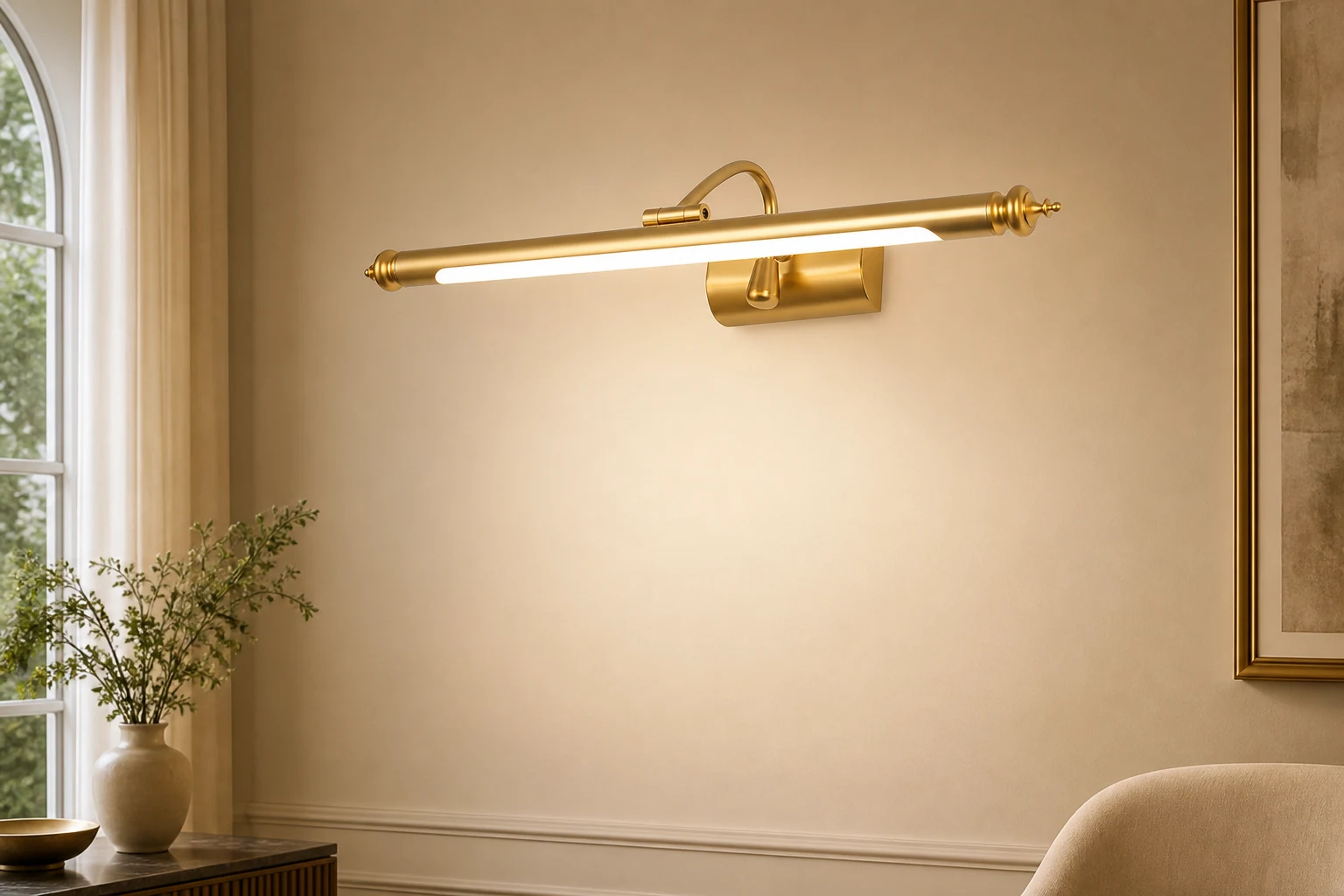 Livsstilsscene med LED-vegglampen i messing fullt synlig