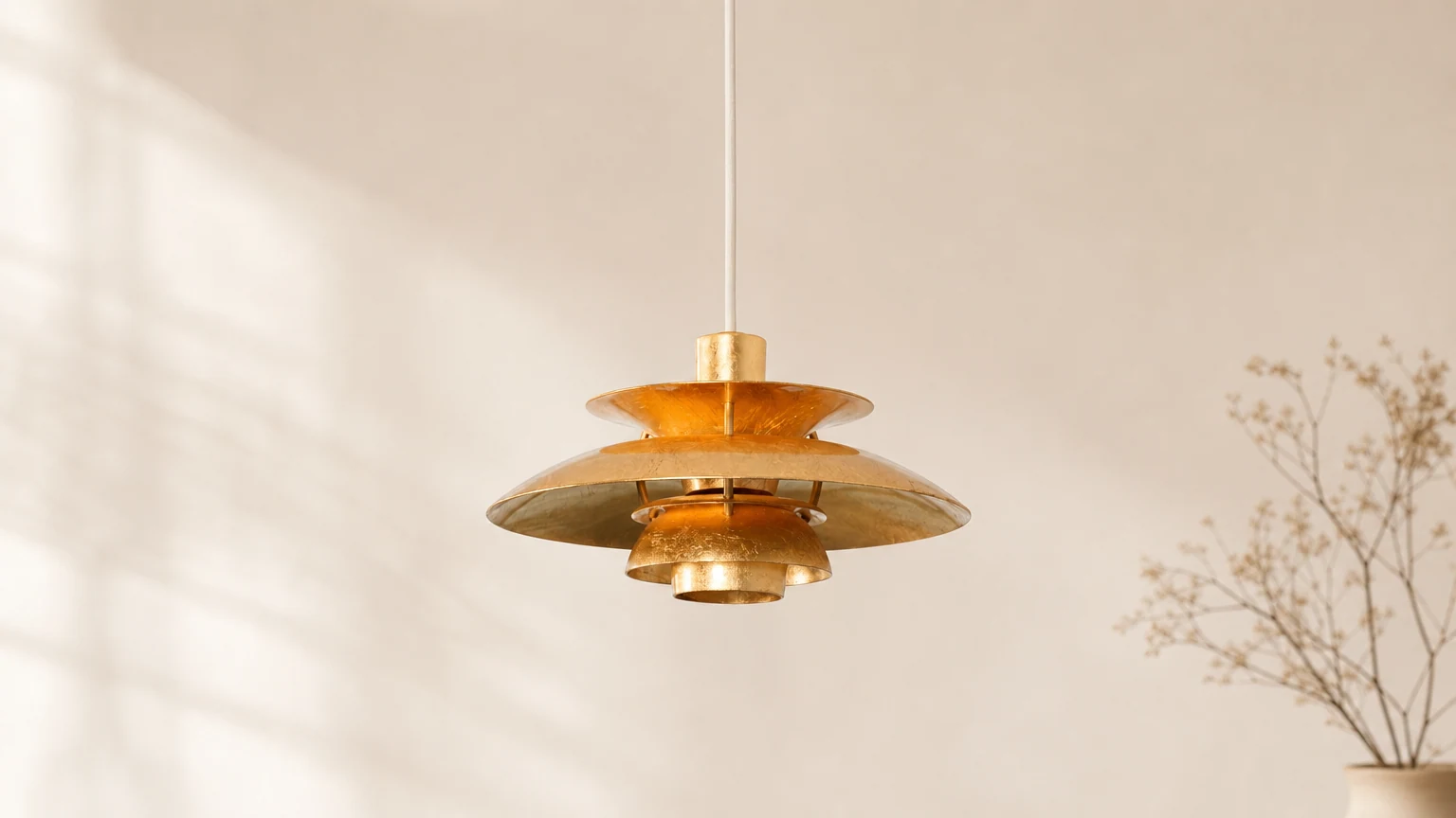 Warstwowa lampa wisząca D762 ze złotej folii w scenie z ciepłym pomieszczeniem