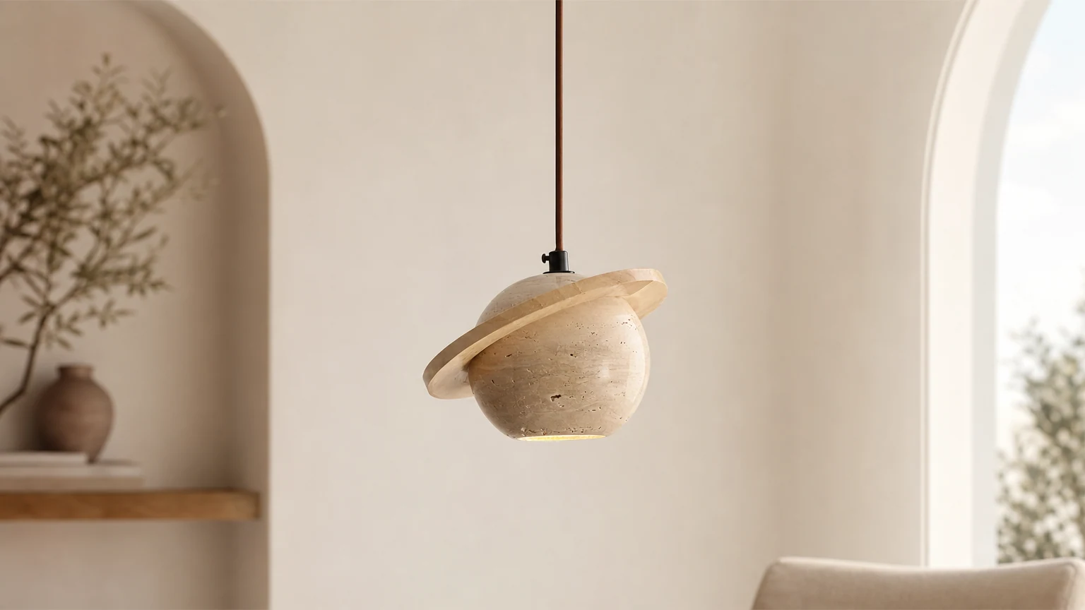 Lampa wisząca Planet Travertine M217 w ciepłej scenerii wnętrza