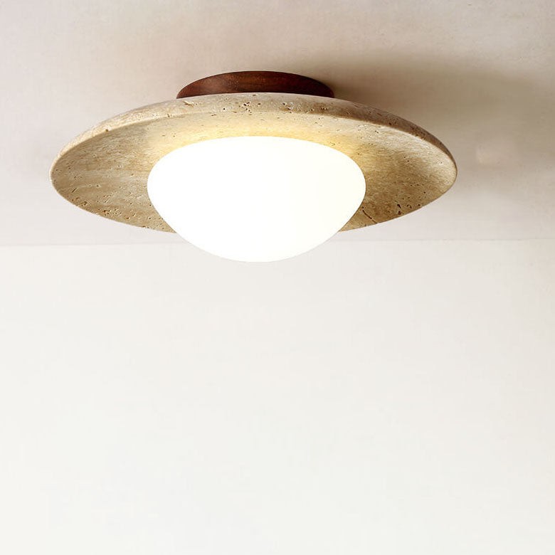 Japanese Minimalist Round Yellow Travertine Shade 1-Light Semi-Flush Mount Ceiling Light G31