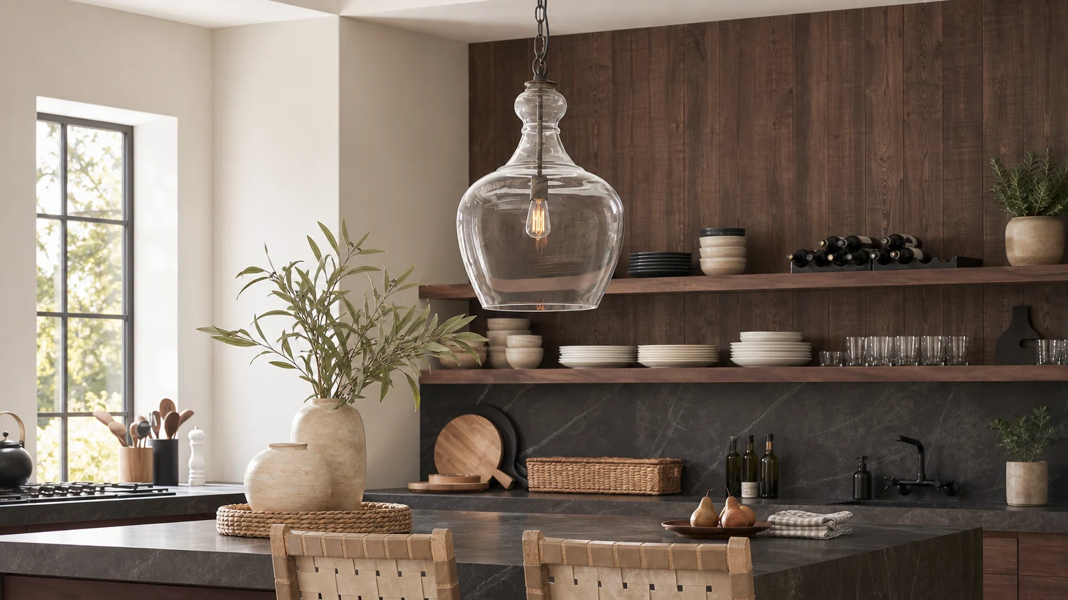 Szklana lampa wisząca Lawson w ciepłym otoczeniu kuchni